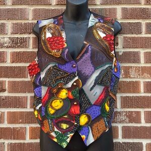 Vintage PPF Women’s S Silk Beaded Vest Buttons Colorful Holiday 90s Boho